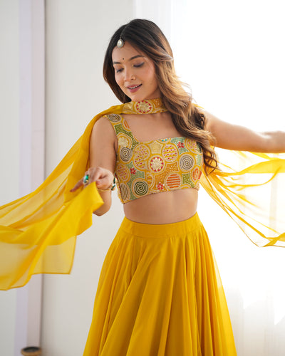 Radiant Yellow Pure Soft Fox Georgette Embroidered Lehenga Choli – 8 Meter Flair