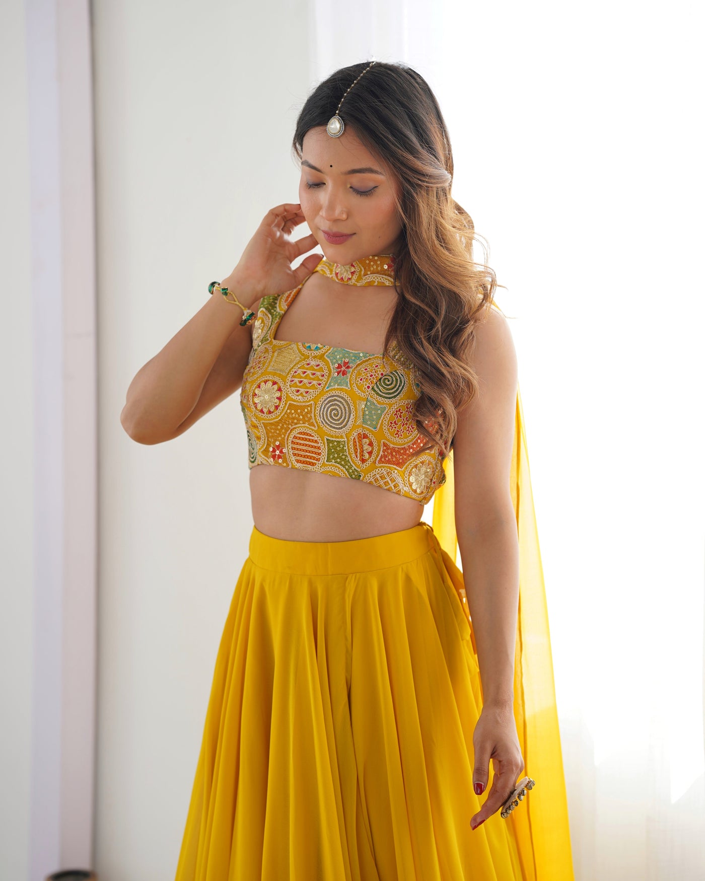 Radiant Yellow Pure Soft Fox Georgette Embroidered Lehenga Choli – 8 Meter Flair