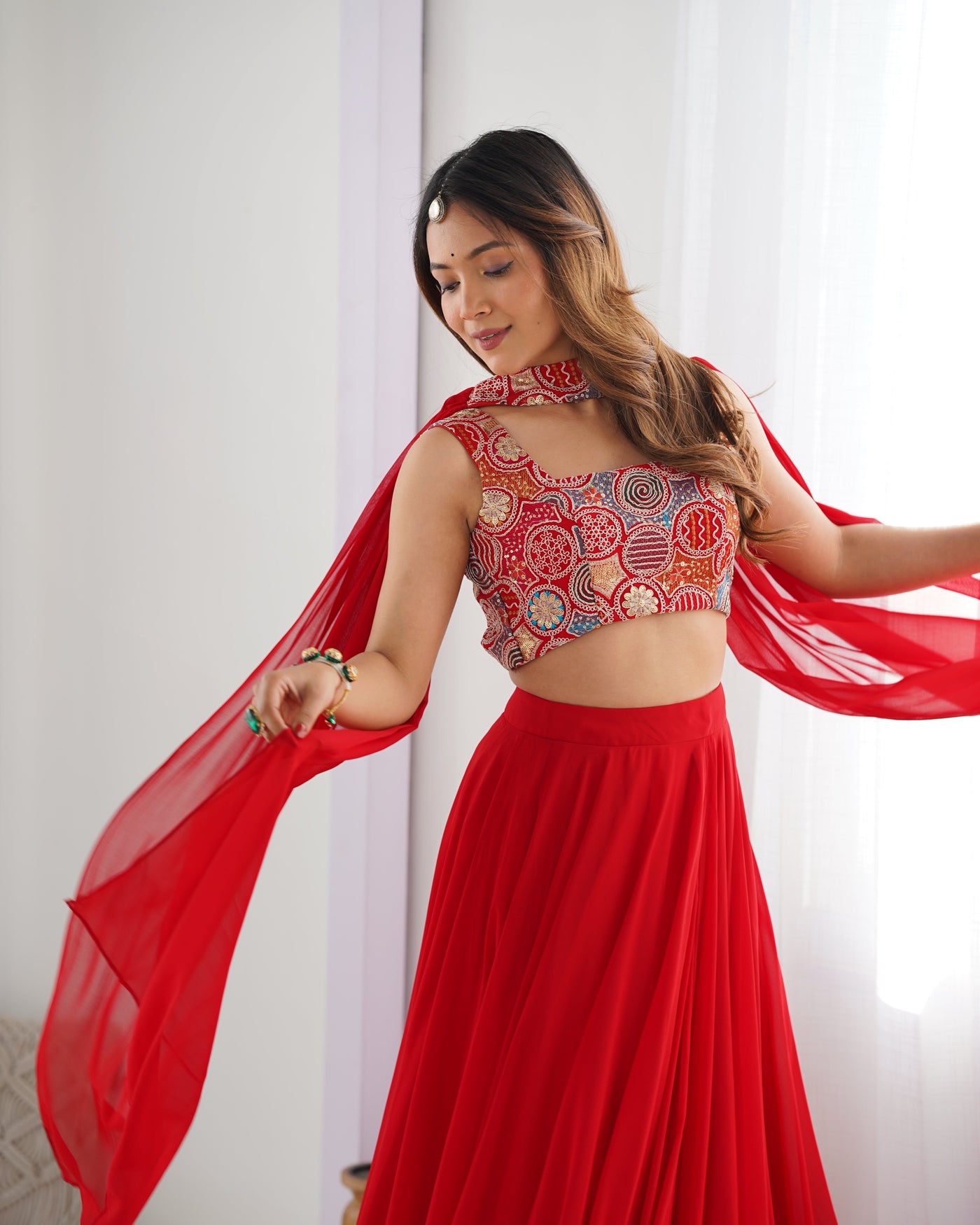 Radiant Red Pure Soft Fox Georgette Lehenga Choli – An Ethereal Blend of Elegance & Festivity!