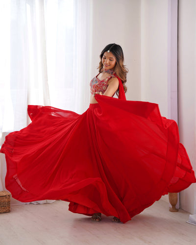 Radiant Red Pure Soft Fox Georgette Lehenga Choli – An Ethereal Blend of Elegance & Festivity!