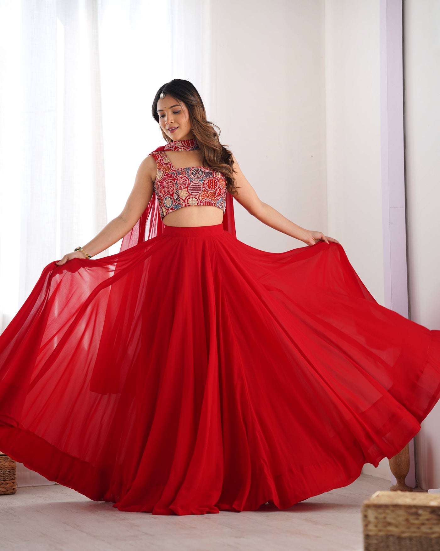 Radiant Red Pure Soft Fox Georgette Lehenga Choli – An Ethereal Blend of Elegance & Festivity!