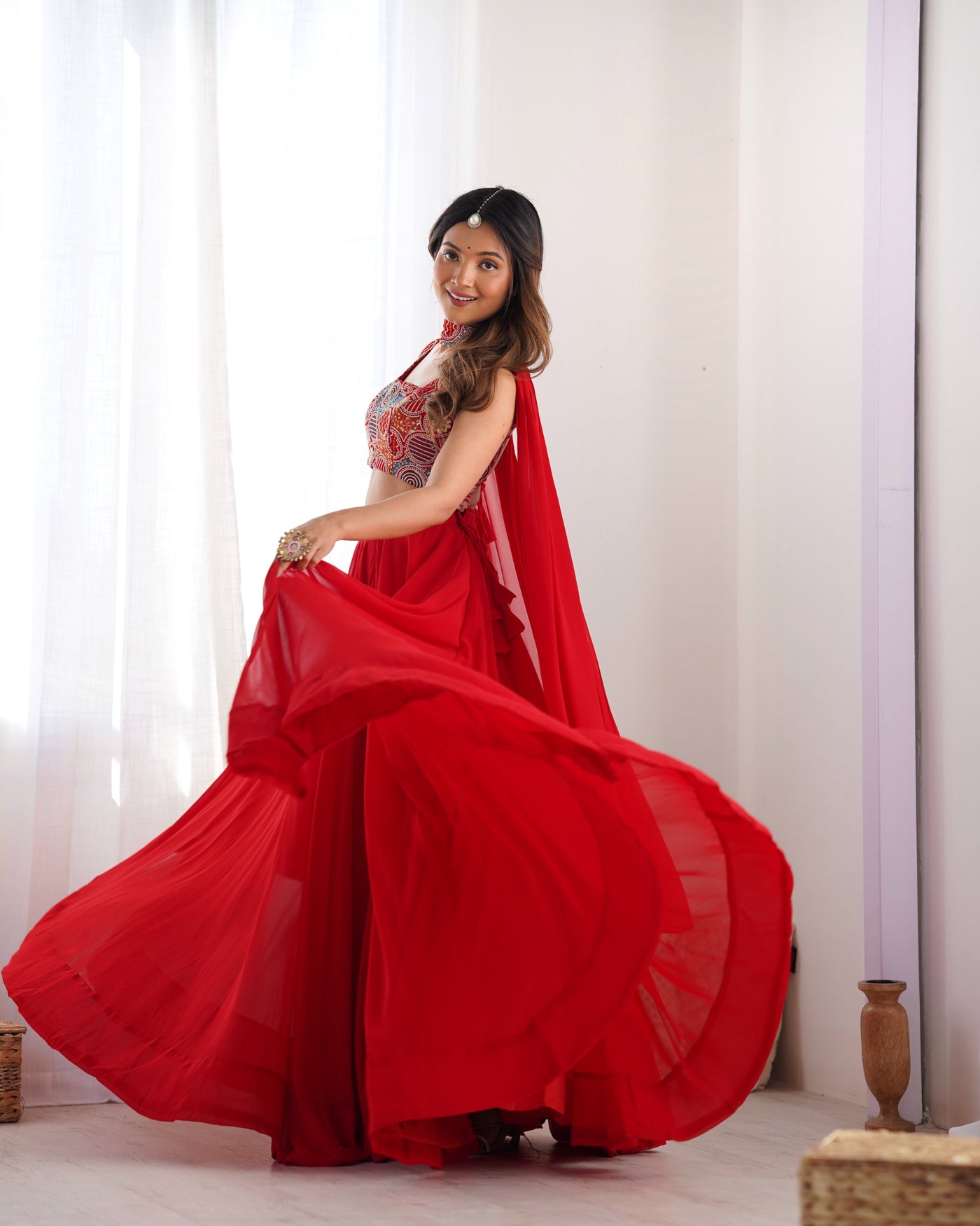 Radiant Red Pure Soft Fox Georgette Lehenga Choli – An Ethereal Blend of Elegance & Festivity!