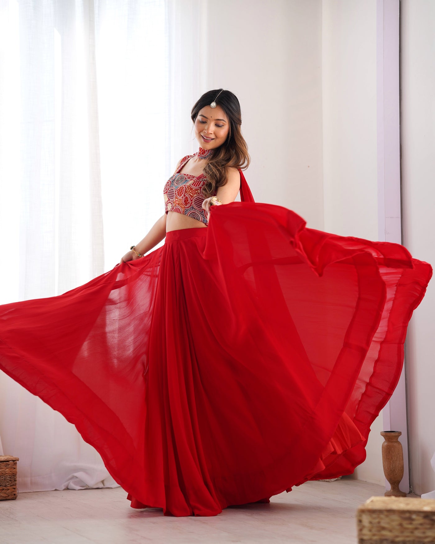 Radiant Red Pure Soft Fox Georgette Lehenga Choli – An Ethereal Blend of Elegance & Festivity!