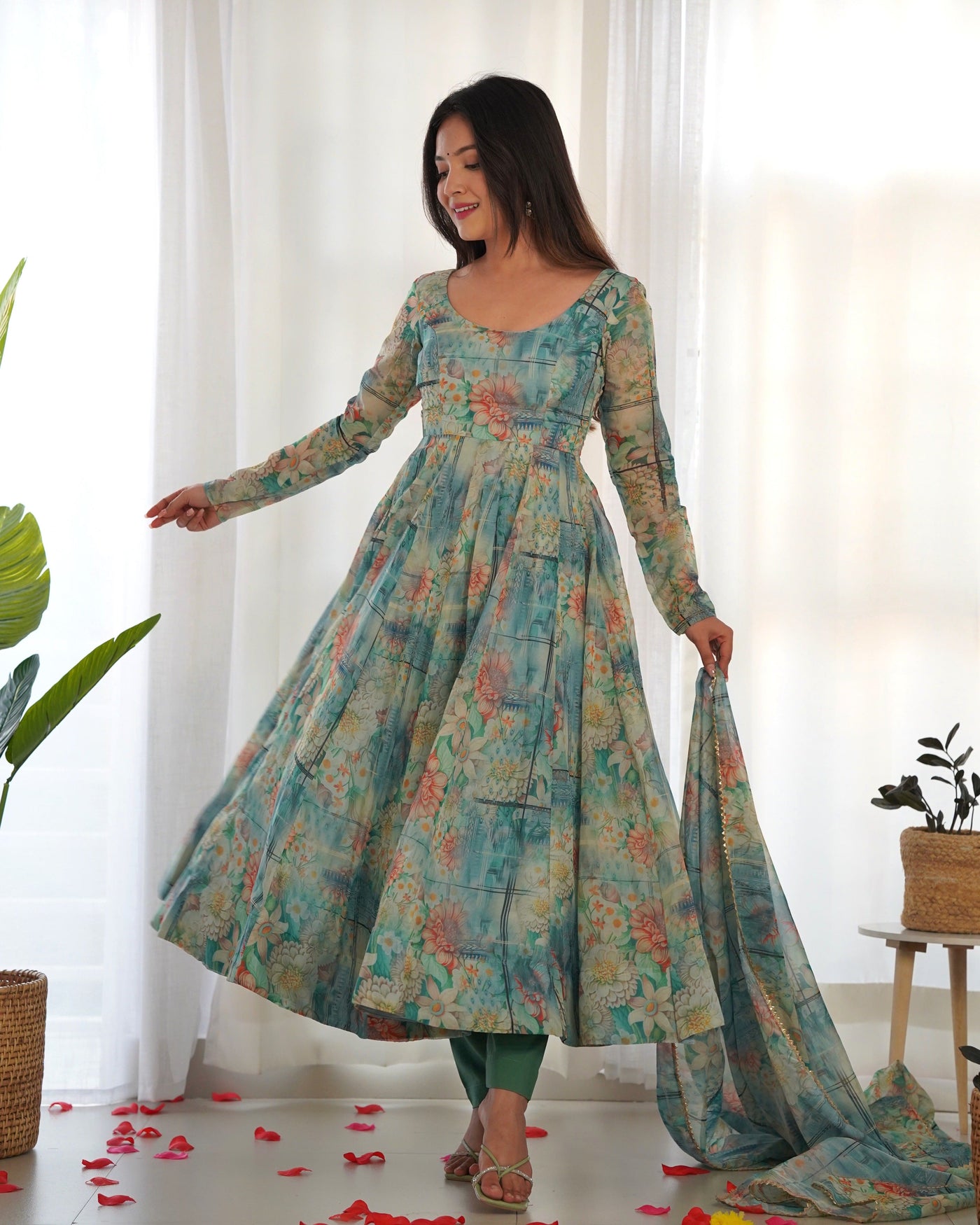 Vibrant Lightweight Anarkali Dress: Pure Soft Organza Silk, Fully Flared Kali Pattern with Dupatta and Pants – Perfect for Summer Festivities!