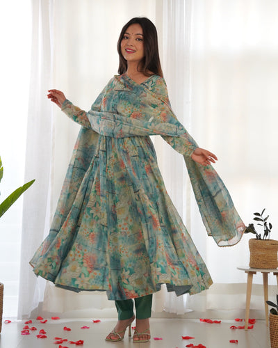 Vibrant Lightweight Anarkali Dress: Pure Soft Organza Silk, Fully Flared Kali Pattern with Dupatta and Pants – Perfect for Summer Festivities!