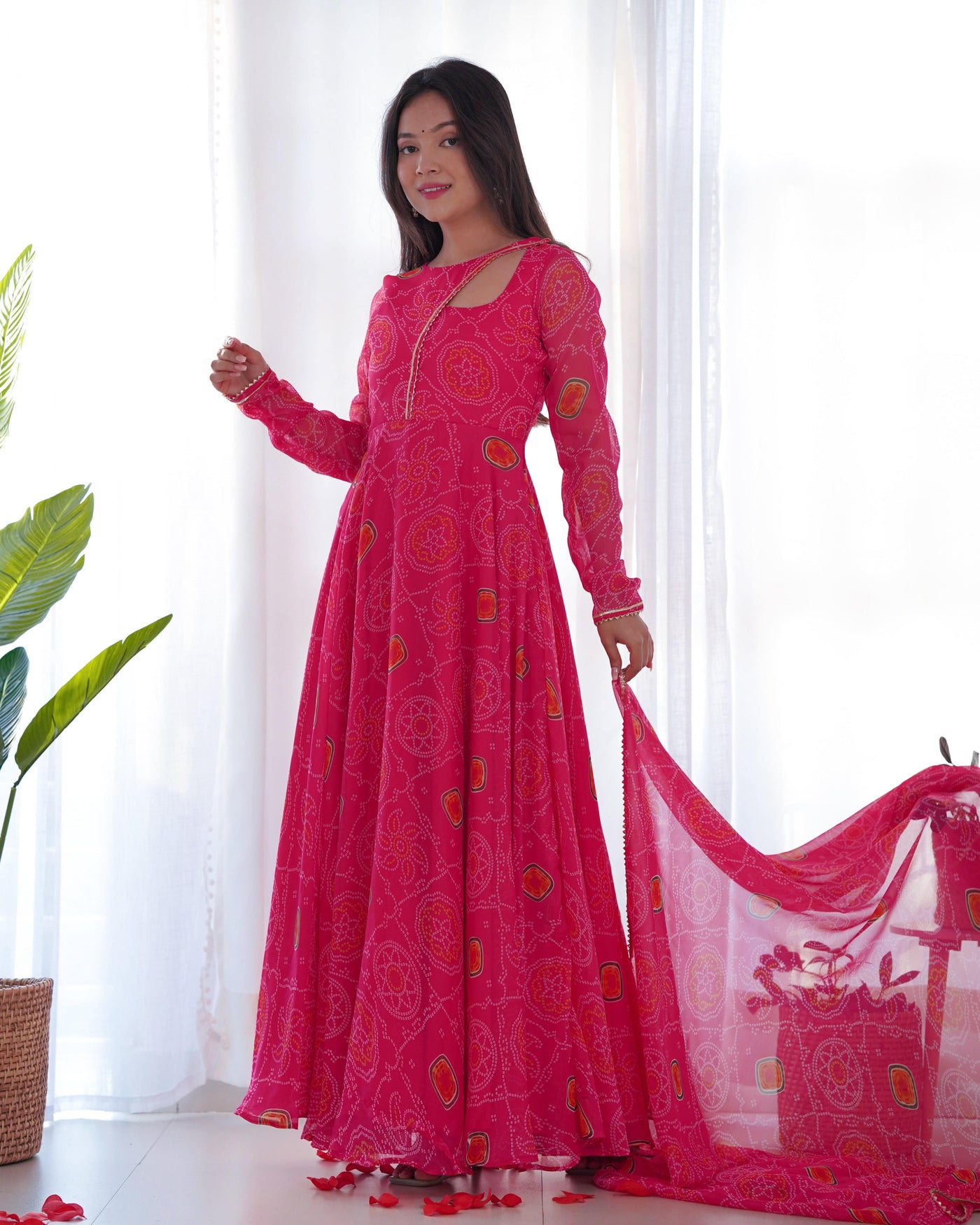 Pure Soft Lightweight Chiffon Bandhej Fully Flared Gown, Dupatta, and Pant Set Ready to Wear, Fully Stitched