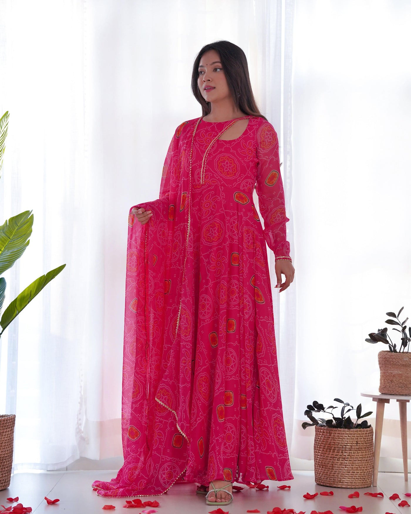 Pure Soft Lightweight Chiffon Bandhej Fully Flared Gown, Dupatta, and Pant Set Ready to Wear, Fully Stitched