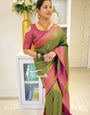 Snazzy Dark Green & Magenta Pure Kanjivaram Silk With Confounding Blouse Piece