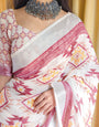 Ivory Linen Saree with Geometric Tribal Prints & Tassel Accents