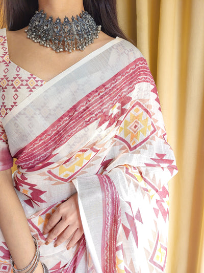 Ivory Linen Saree with Geometric Tribal Prints & Tassel Accents