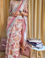 Ivory Linen Saree with Geometric Tribal Prints & Tassel Accents