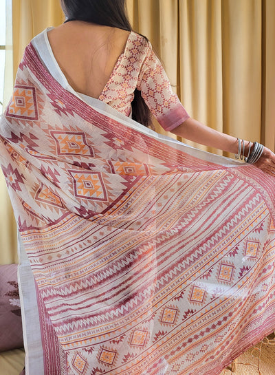 Ivory Linen Saree with Geometric Tribal Prints & Tassel Accents