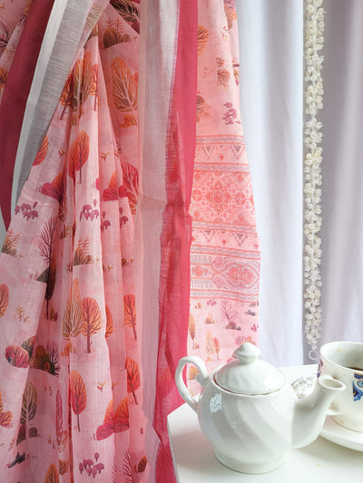 Blush Pink Handwoven Linen Saree with Vibrant Autumn Motifs & Tassel Detailing