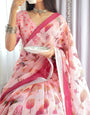 Blush Pink Handwoven Linen Saree with Vibrant Autumn Motifs & Tassel Detailing