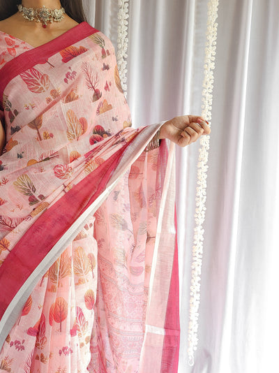 Blush Pink Handwoven Linen Saree with Vibrant Autumn Motifs & Tassel Detailing