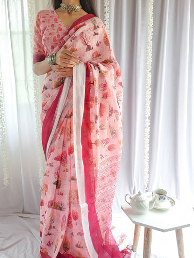 Blush Pink Handwoven Linen Saree with Vibrant Autumn Motifs & Tassel Detailing