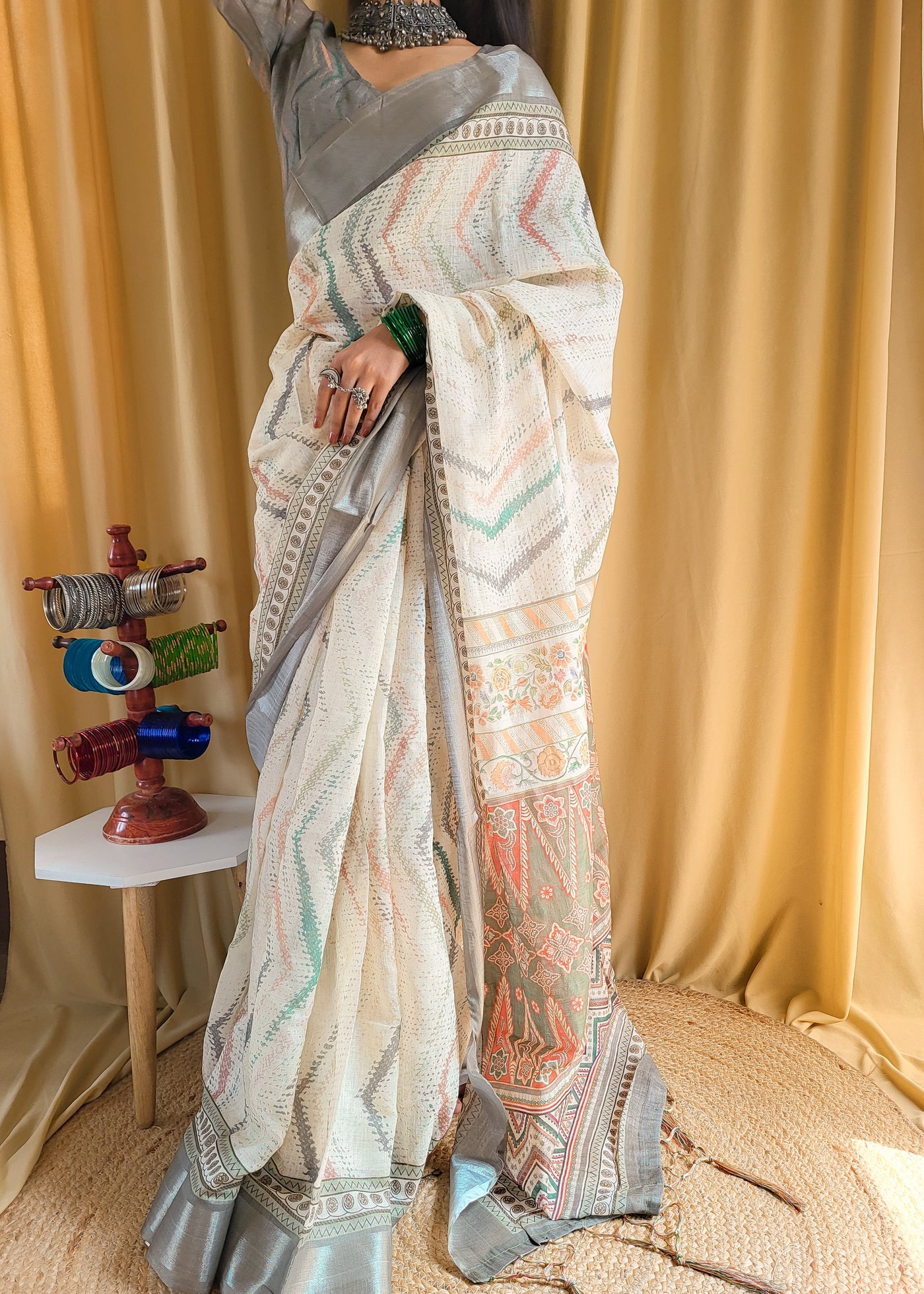 Elegant Beige Pure Linen Saree with Multicolor Zigzag Design and Tassel Finish