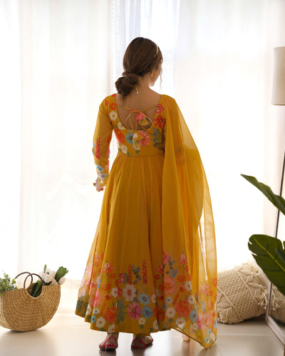 Timeless Floral Printed Organza Anarkali Suit Set – Perfect for the Festive and Wedding Season