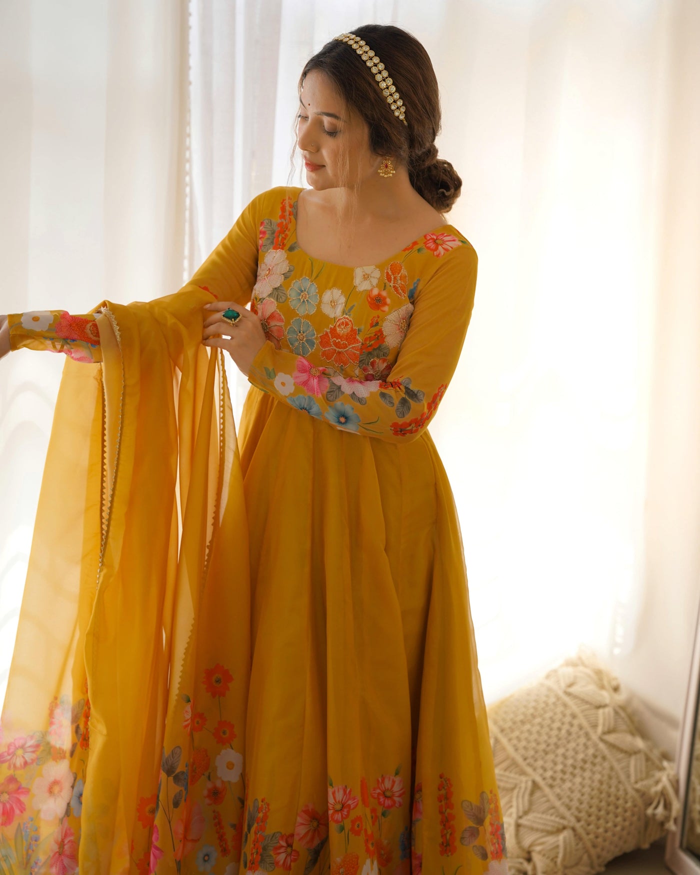 Timeless Floral Printed Organza Anarkali Suit Set – Perfect for the Festive and Wedding Season