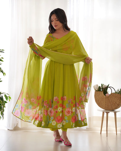 Timeless Floral Printed Organza Anarkali Suit Set – Perfect for the Festive and Wedding Season