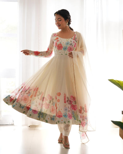 Timeless Floral Printed Organza Anarkali Suit Set – Perfect for the Festive and Wedding Season