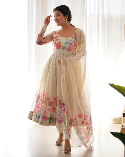 Timeless Floral Printed Organza Anarkali Suit Set – Perfect for the Festive and Wedding Season