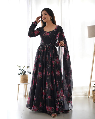 Timeless Black Floral Organza Silk Anarkali Set – Perfect for Weddings & Festivities