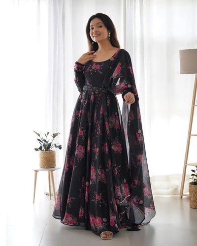 Timeless Black Floral Organza Silk Anarkali Set – Perfect for Weddings & Festivities - Almaari Fashion