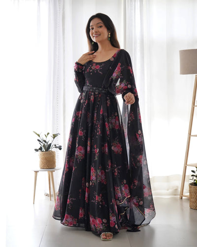 Timeless Black Floral Organza Silk Anarkali Set – Perfect for Weddings & Festivities