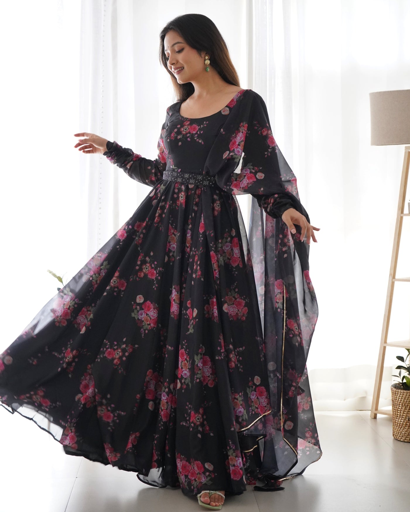 Timeless Black Floral Organza Silk Anarkali Set – Perfect for Weddings & Festivities - Almaari Fashion