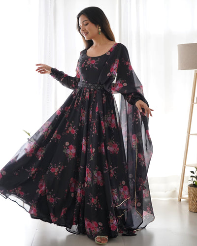 Timeless Black Floral Organza Silk Anarkali Set – Perfect for Weddings & Festivities