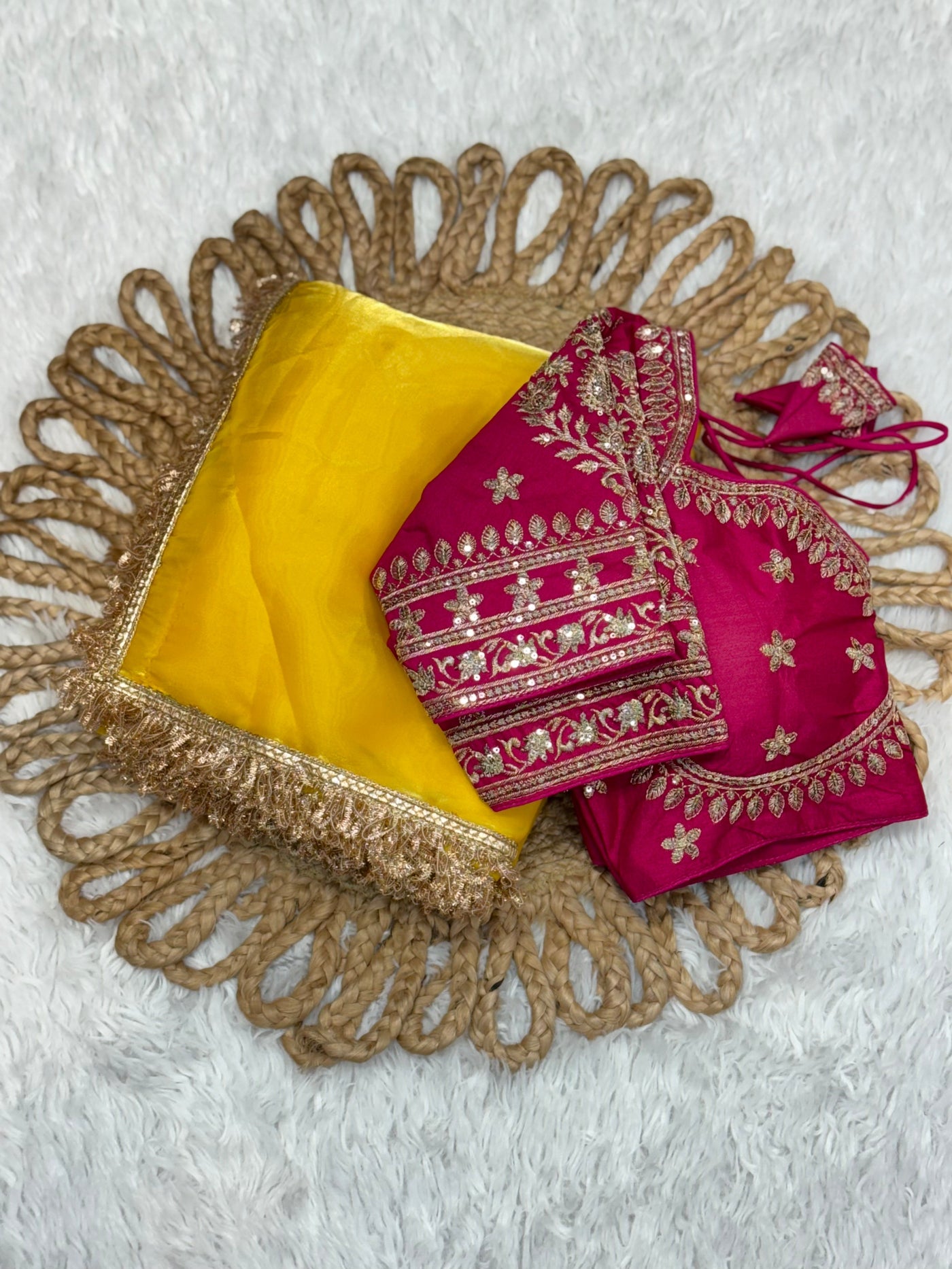 Golden Yellow Tissue Saree with Magenta Embroidered Blouse