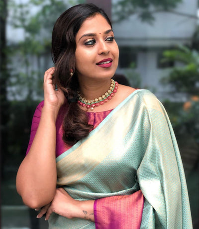 Sea Green with Magenta Border Pure Kanjivaram Silk With Confounding Blouse Piece