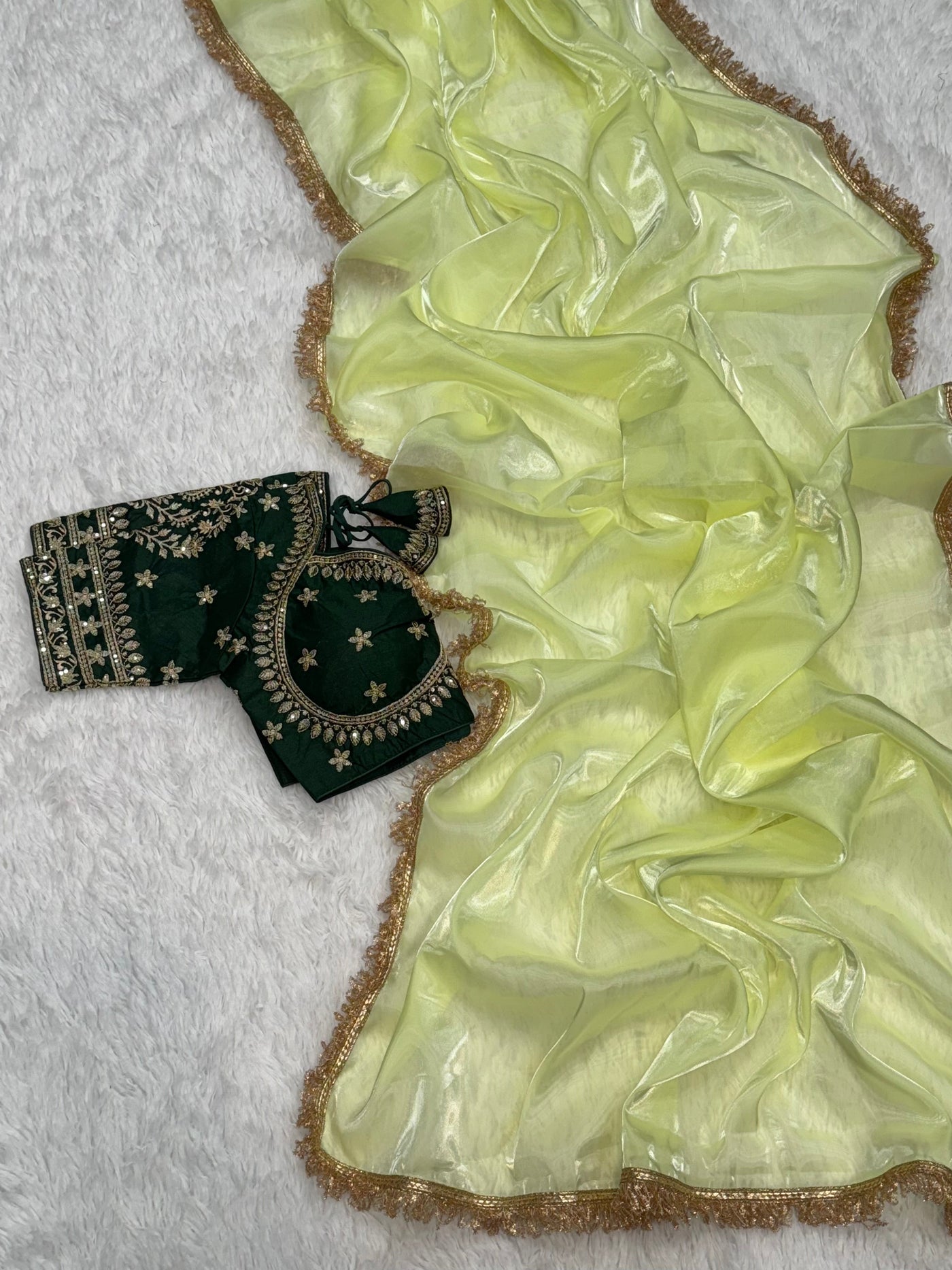 Lime Yellow Tissue Saree with Forest Green Embroidered Blouse