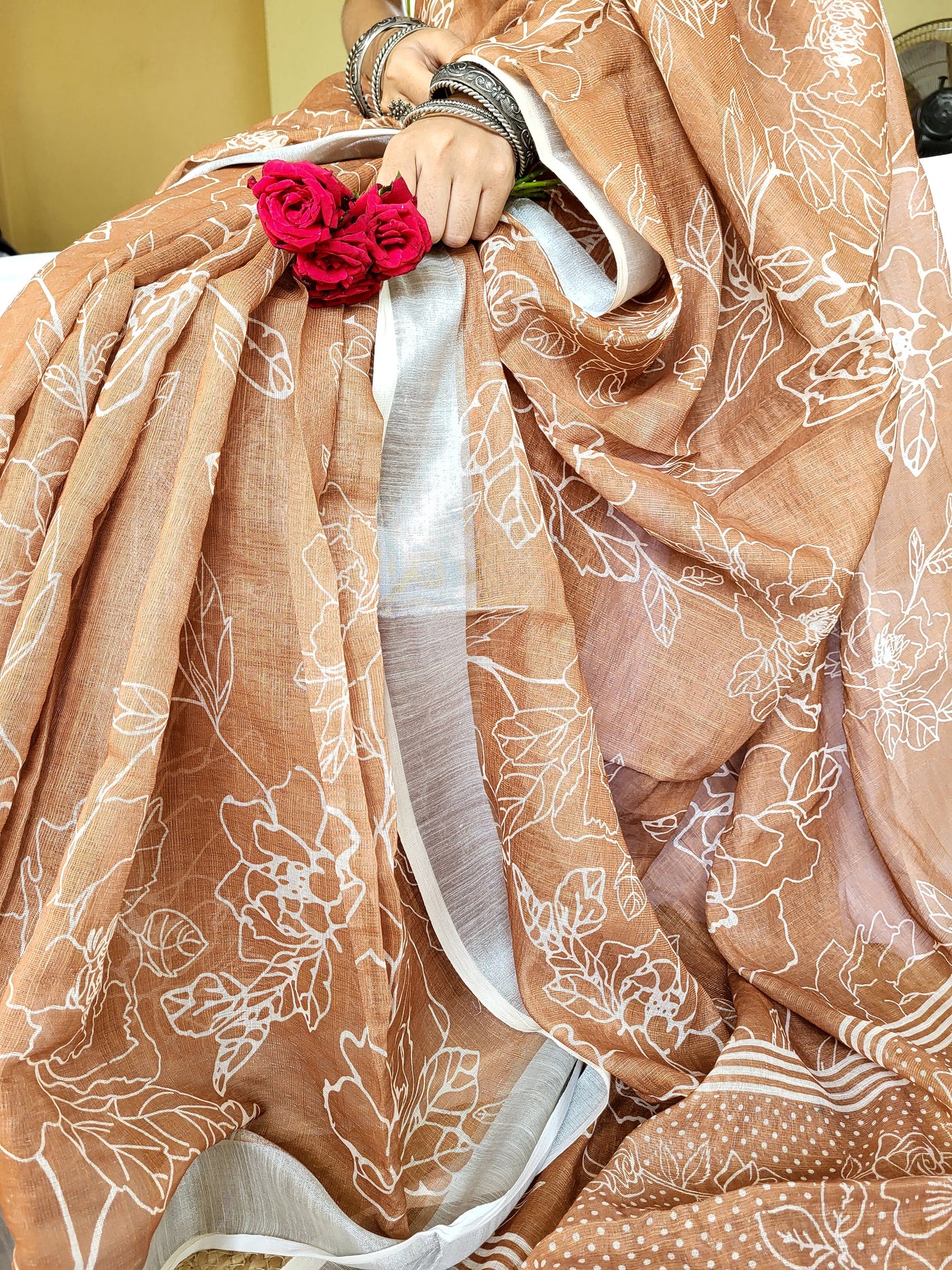 Rust Brown Pure Linen Saree with White Floral Motifs and Tassel Detailing