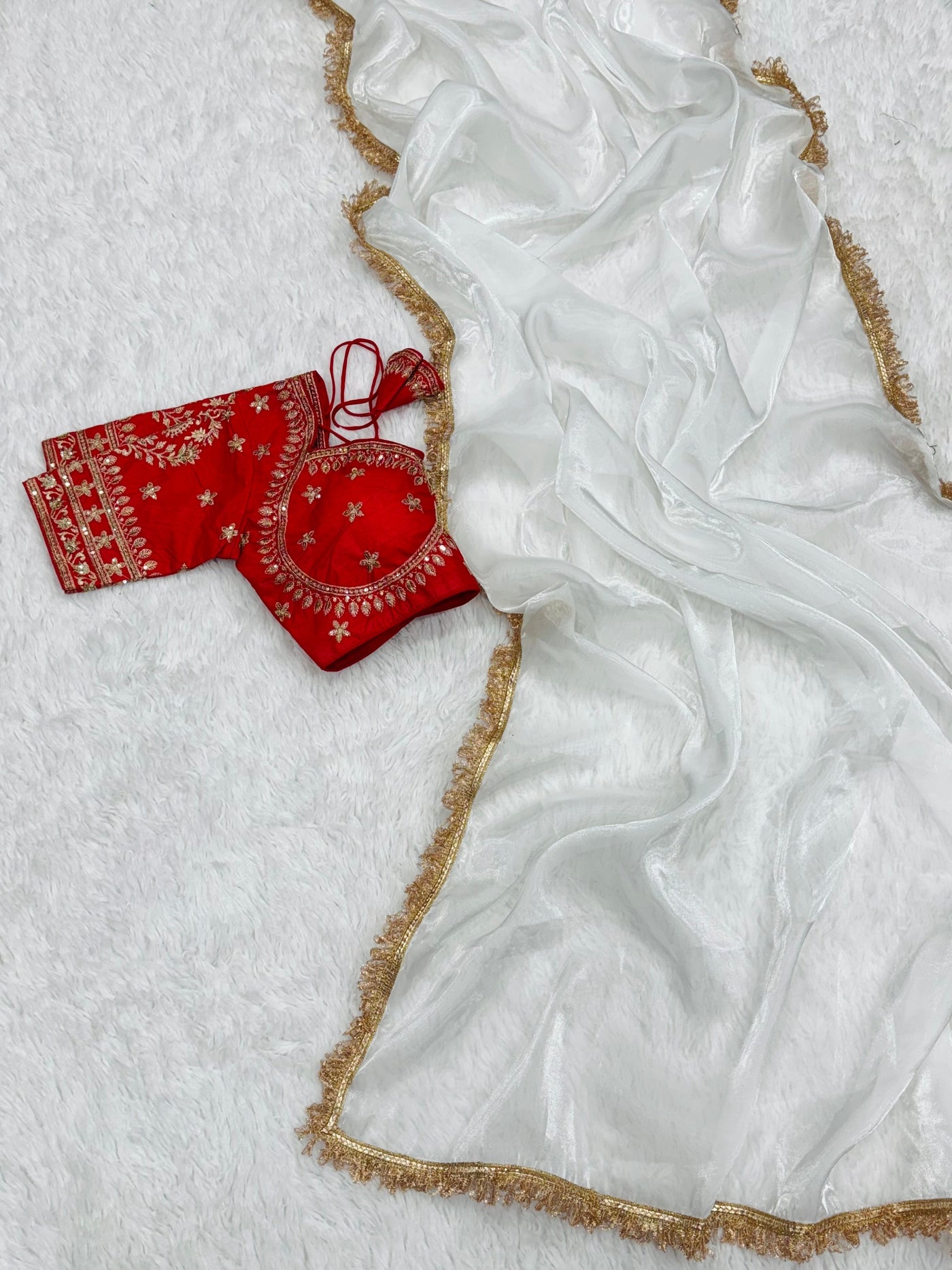 Elegant White Tissue Saree with Red Embroidered Blouse