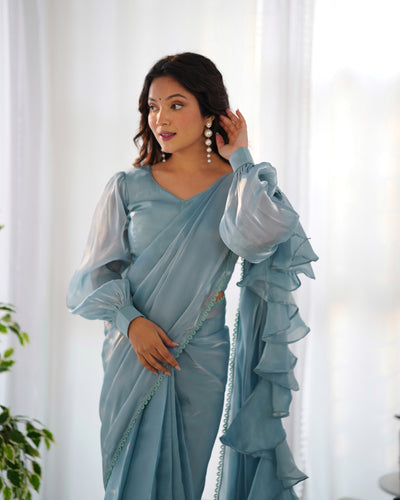 Ready to Wear Pre-draped Saree with Fully Stitched Blouse in Jimmy Choo Fabric - Almaari Fashion