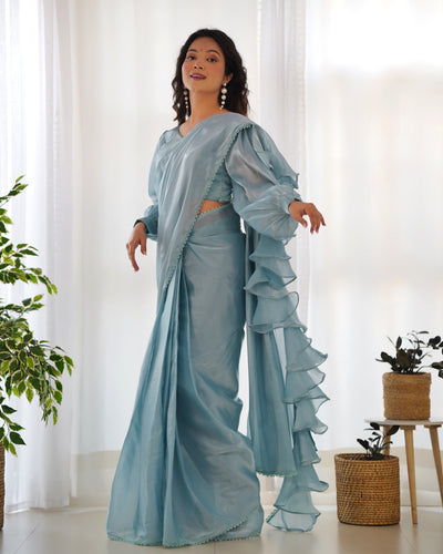 Ready to Wear Pre-draped Saree with Fully Stitched Blouse in Jimmy Choo Fabric - Almaari Fashion