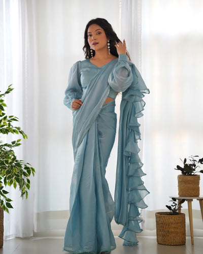 Ready to Wear Pre-draped Saree with Fully Stitched Blouse in Jimmy Choo Fabric - Almaari Fashion