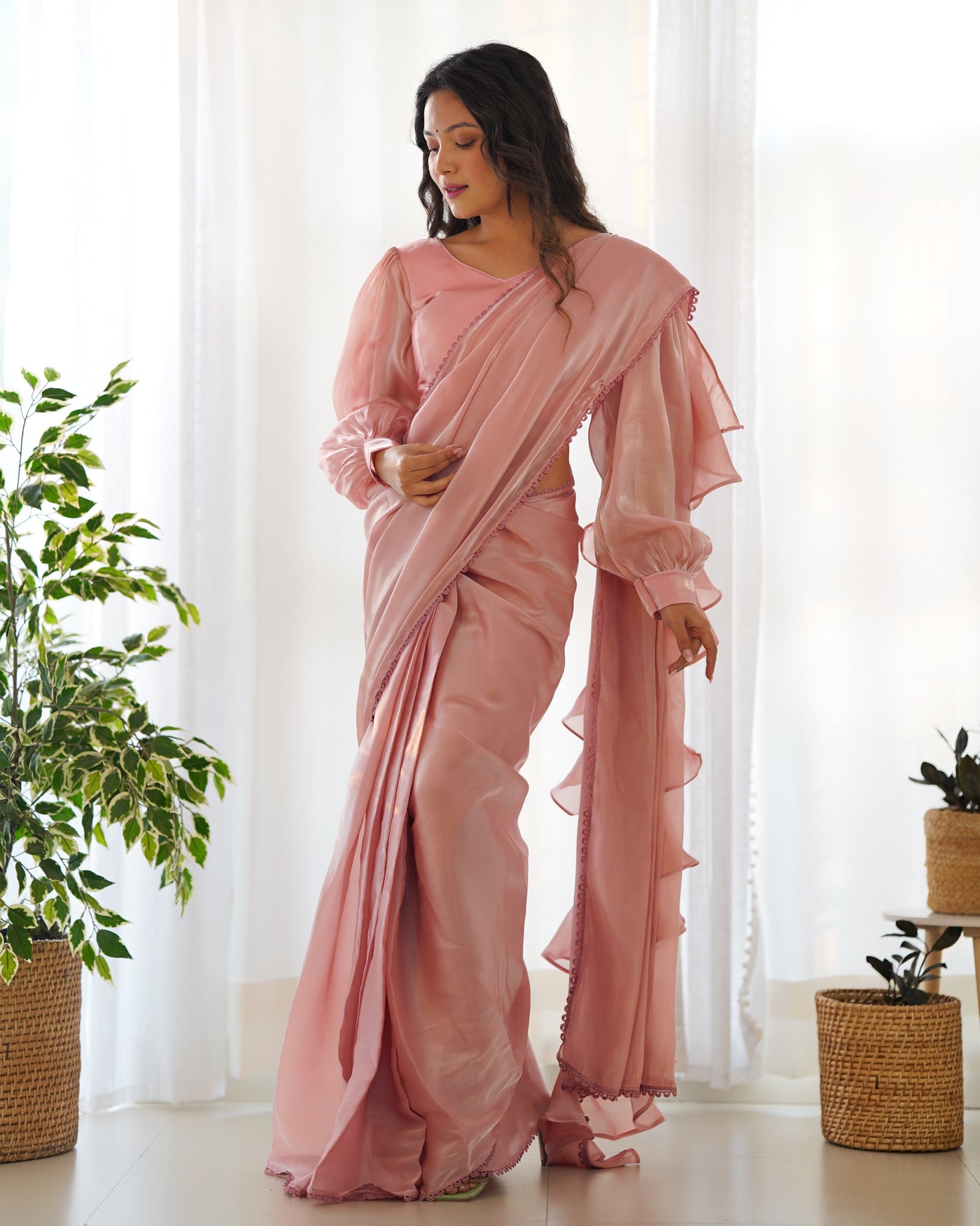 Ready to Wear Pre-draped Saree with Fully Stitched Blouse in Jimmy Choo Fabric - Almaari Fashion