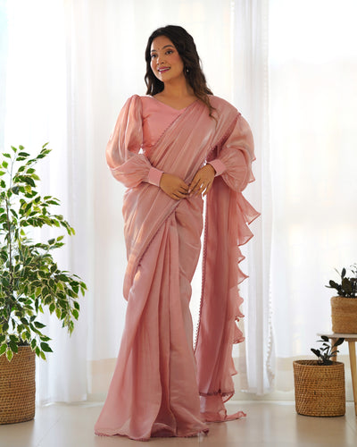 Ready to Wear Pre-draped Saree with Fully Stitched Blouse in Jimmy Choo Fabric - Almaari Fashion