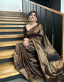 Black Pure Kanjivaram Silk Weaved With Copper Zari Comes With Heavy Kanjivaram Brocade Blouse