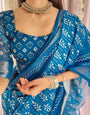 Elegant Blue Pure Linen Saree with Tassels and White Floral Patterns