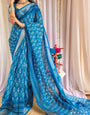 Elegant Blue Pure Linen Saree with Tassels and White Floral Patterns