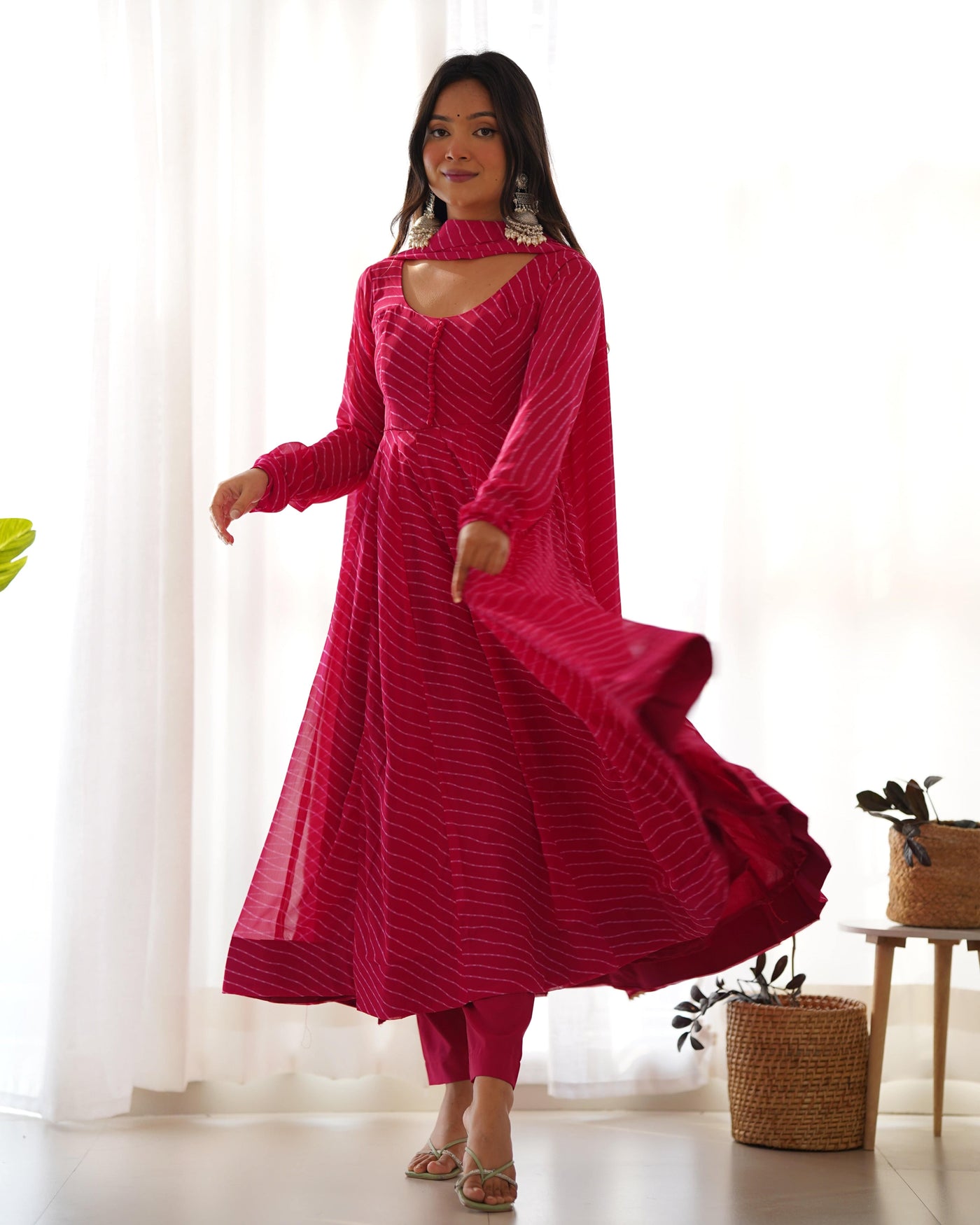 High-End Laheriya Print Anarkali Set with Dupatta & Pants – Perfect for Summer Weddings