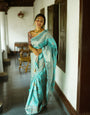 Turquoise Pure Banarasi Silk Saree With Twirling Blouse Piece