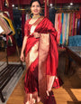 Red Pure Kanjivaram Silk Saree Stylish Blouse Piece