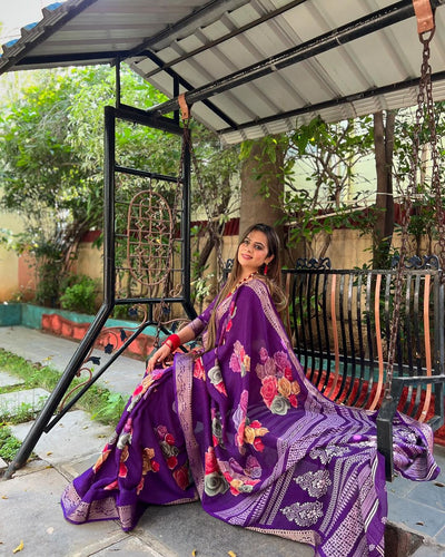 Elegant Purple Pure Silk Floral Digital Print Saree with Blouse and Tassel Detailing