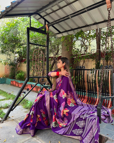 Elegant Purple Pure Silk Floral Digital Print Saree with Blouse and Tassel Detailing