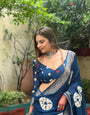 Royal Blue Pure Silk Digital Print Saree with Blouse and Intricate Motif Design, Tassels on Edges